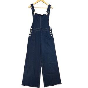 Collectif London Womens Wide Leg Denim Overalls Dark Wash Blue Side Button L 14